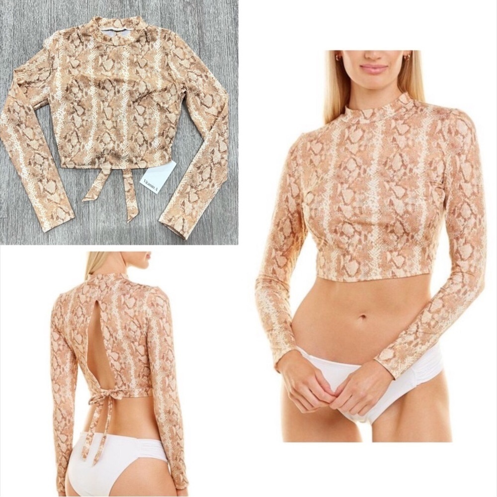 Vitamin A brown remy rash guard Swim Top tan cream snakeskin Large - Picture 3 of 8